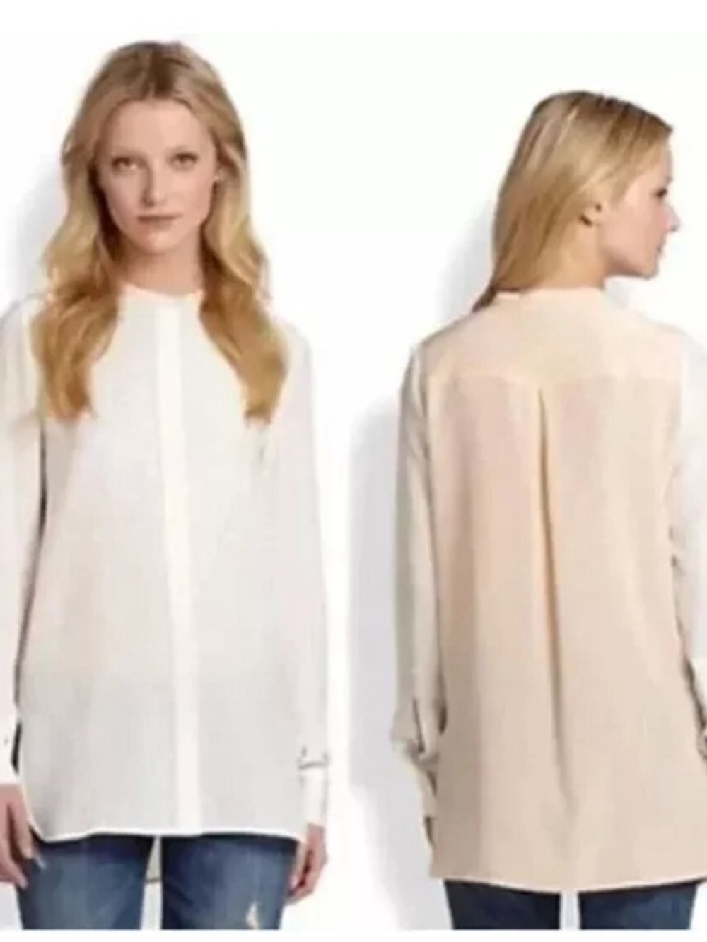 VINCE 100% Silk Long Sleeve Colorblock Blouse Top Size 4 Ivory
Peach Split Neck